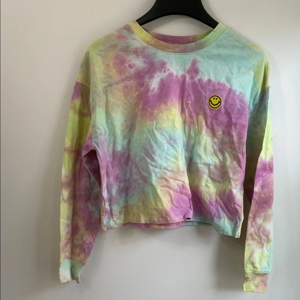 NWT All in Favor Pastel Tie-Dye Crewneck Long Sleeve Cropped Top M - Picture 1 of 10